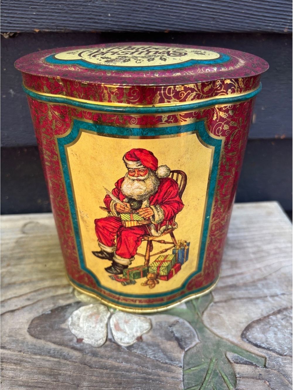 Vintage English Christmas Tin, Santa in Rocking Chair, Made in England